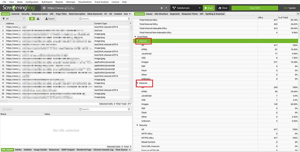 Screaming Frog SEO Spider Internal位置