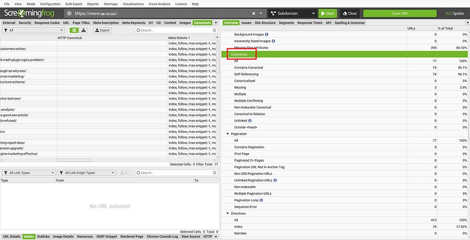 Screaming Frog SEO Spider Canonical位置